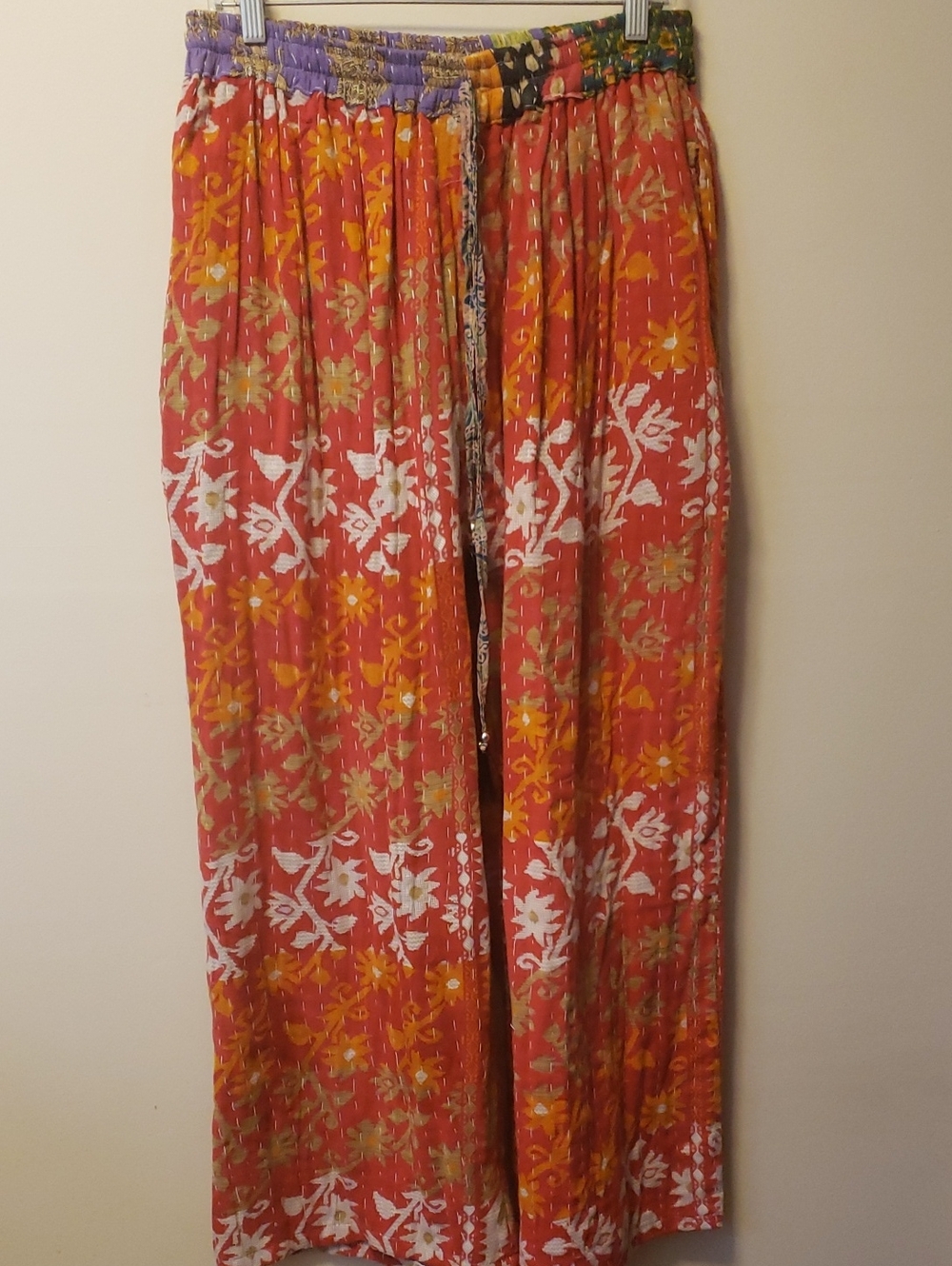 NWT Redish Coral Floral Wide-Leg Pull-On Kantha Pants with Elastic Waist